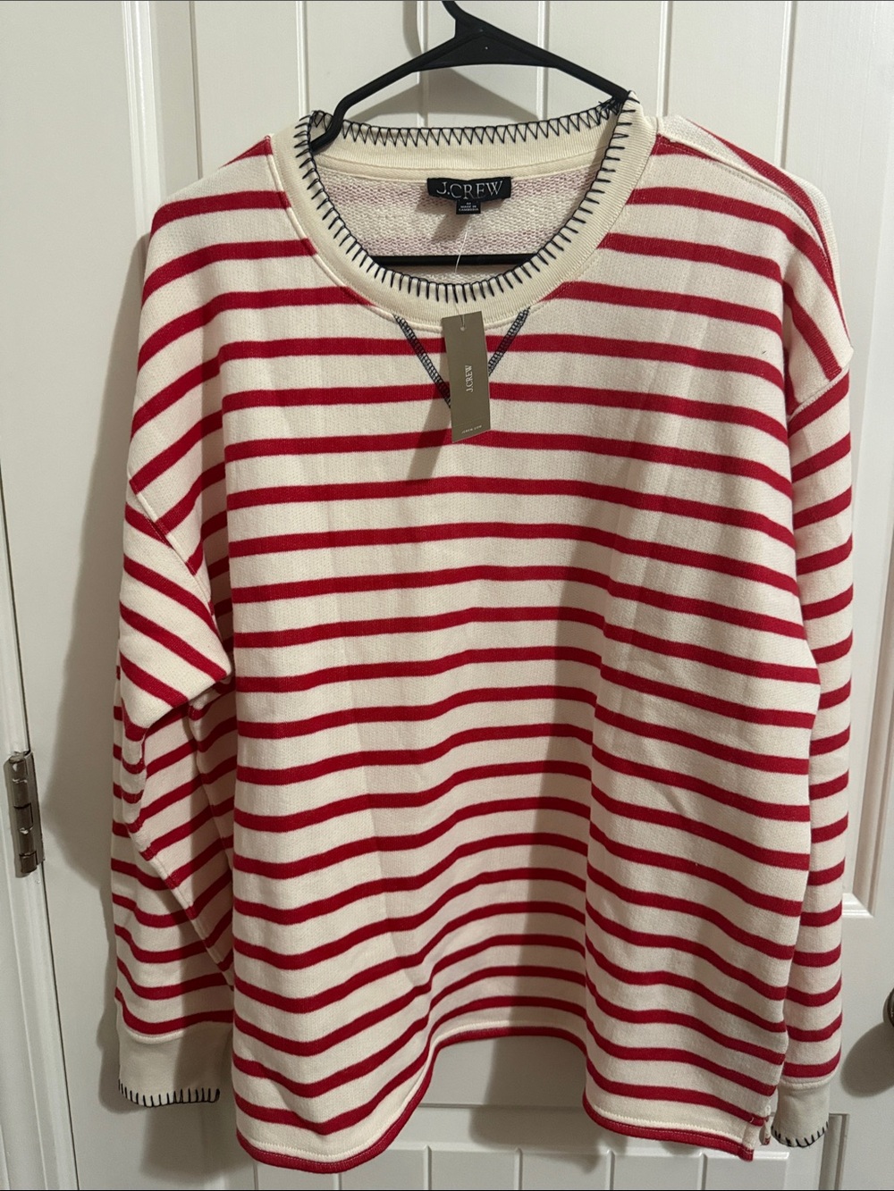 J. Crew Women’s Cream and Red Striped Crewneck Sweater Medium